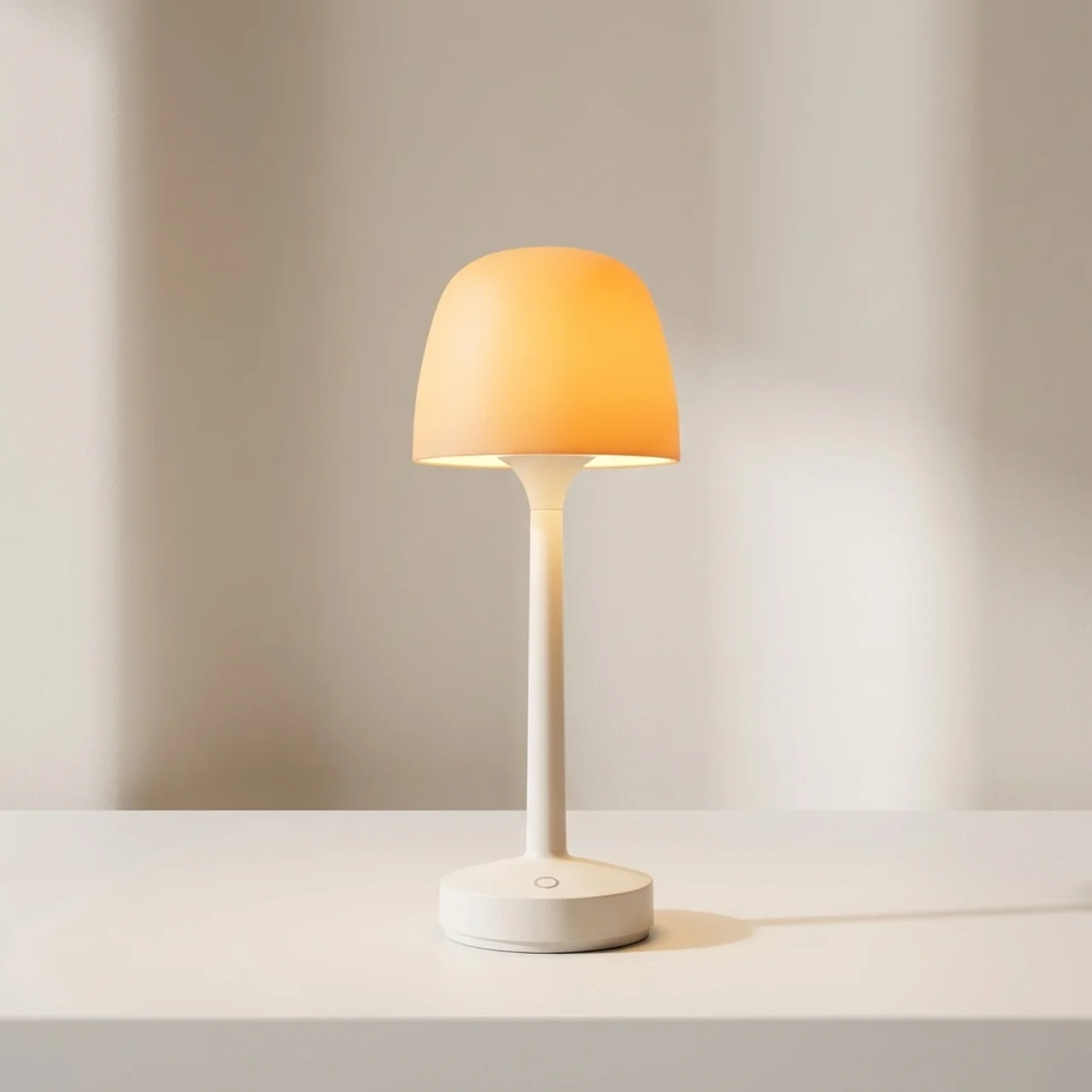Small table lamp with a yellow shade on a white surface against a beige wall