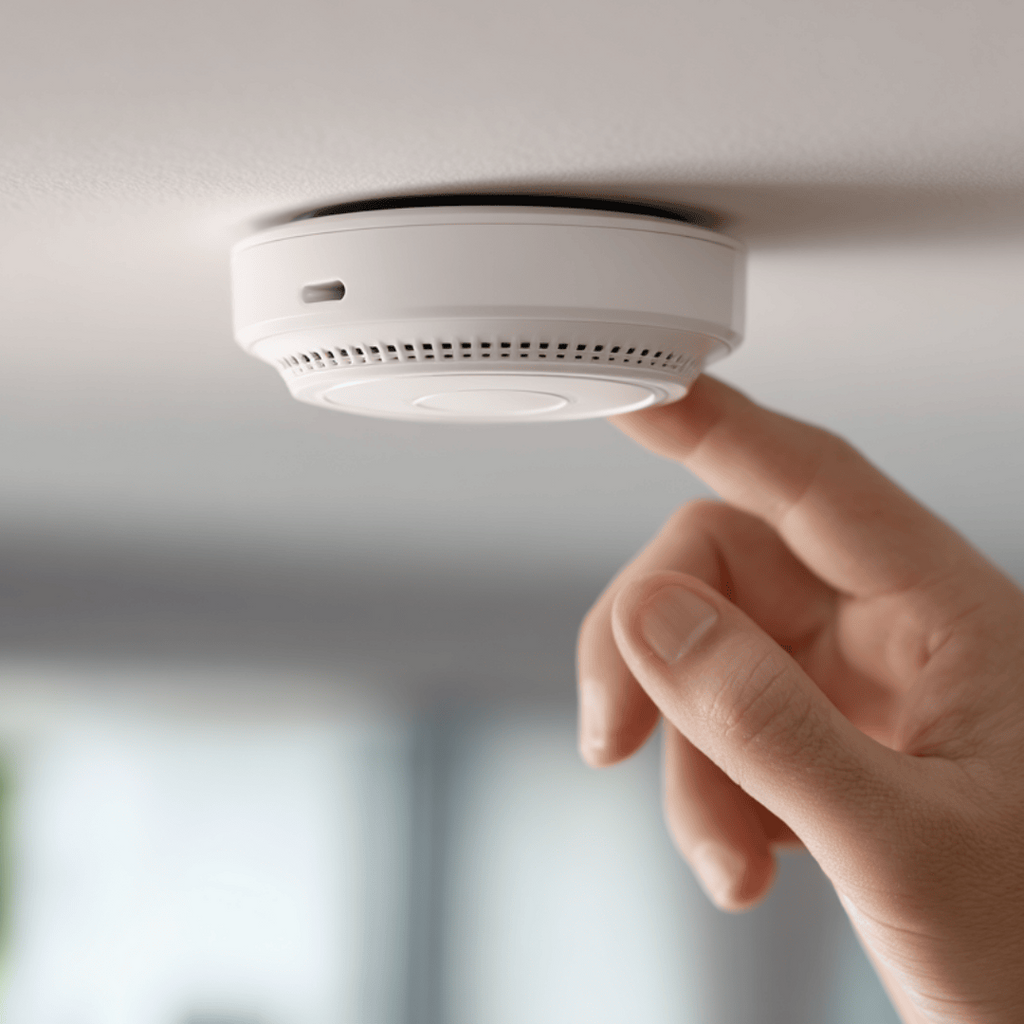 Hand adjusting a smoke detector on a ceiling