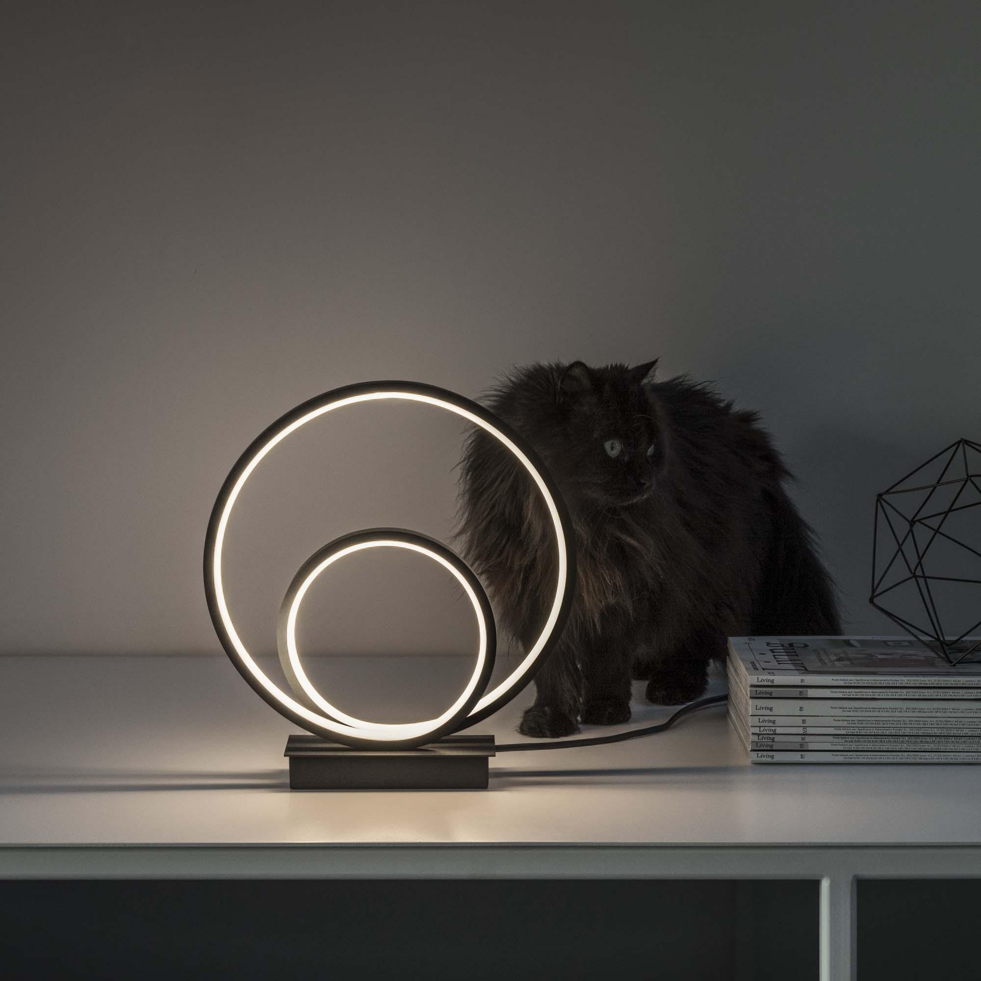 Modern table lamp with circular design on a desk next to a cat