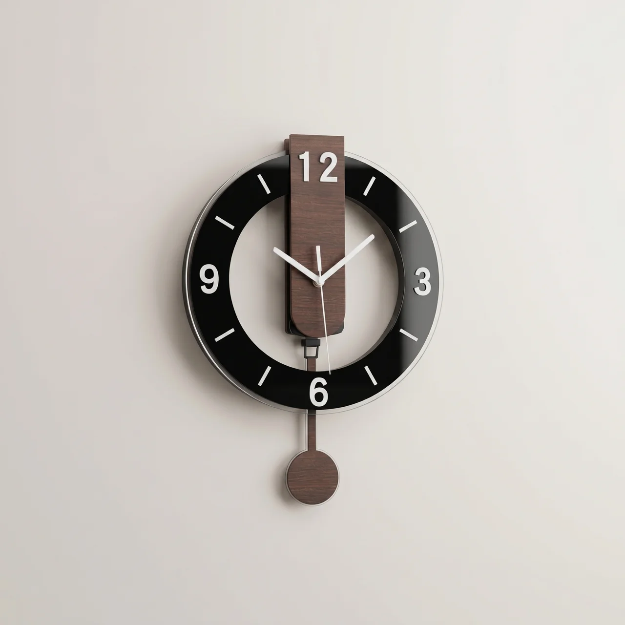 Modern wall clock with black face and wooden pendulum on a light gray background