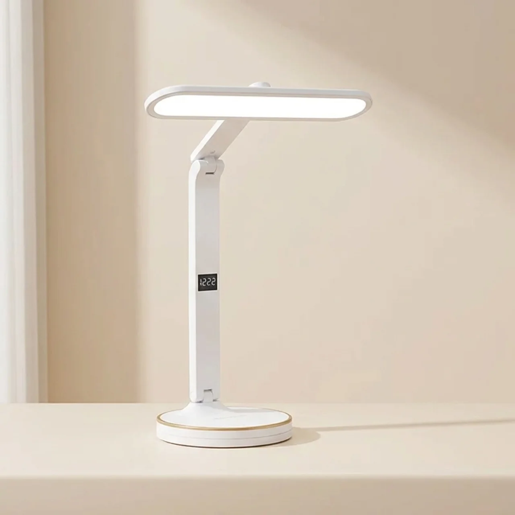 White LED desk lamp with digital display on a beige surface.