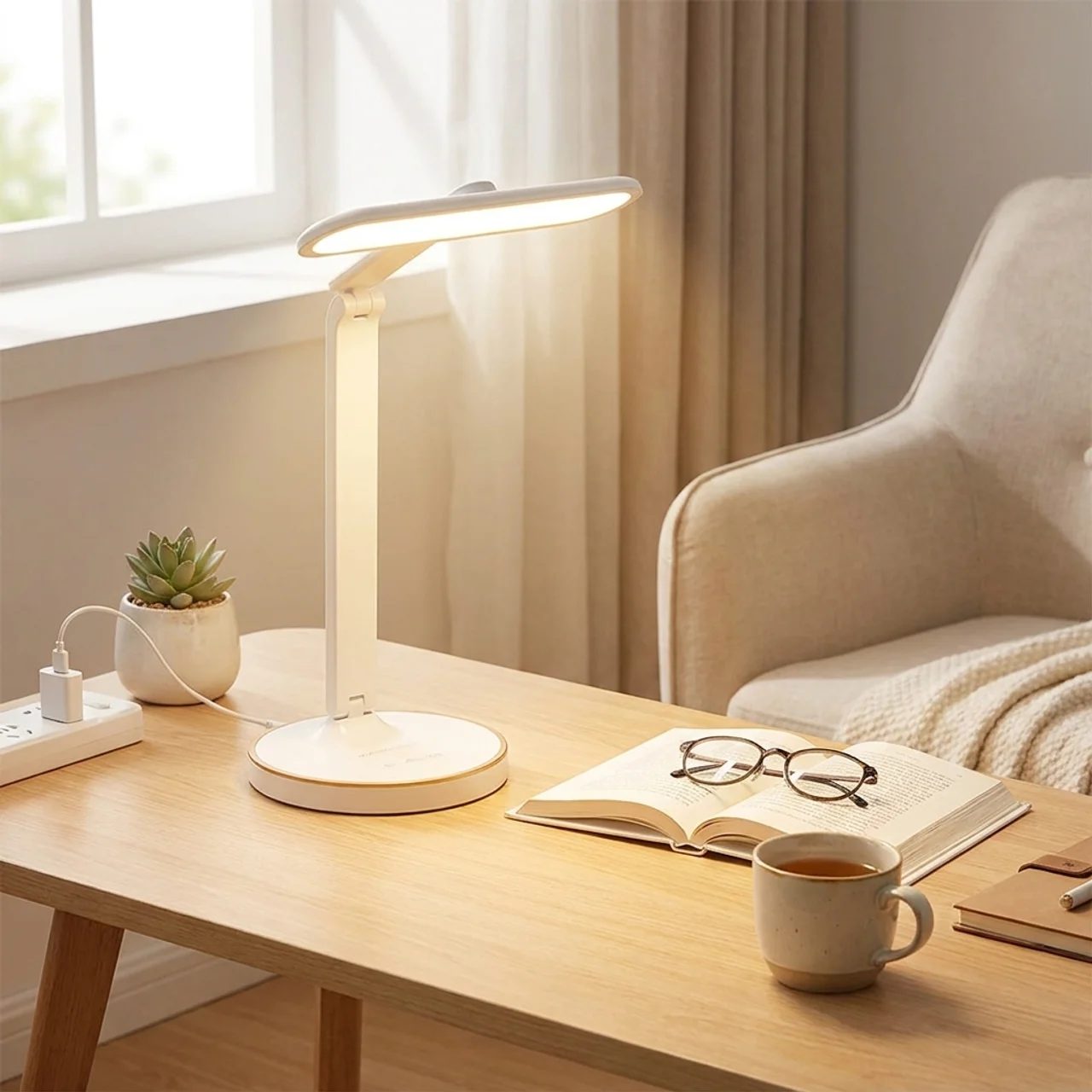Desk setup with a lamp, book, glasses, and cup of tea in a cozy room.