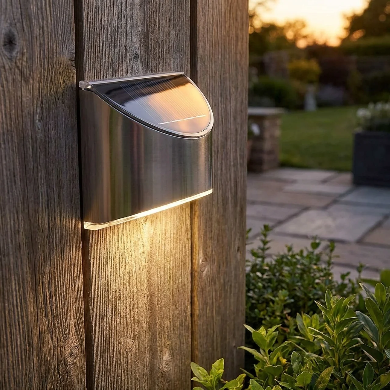Solar-powered outdoor light fixture attached to a wooden post with garden background