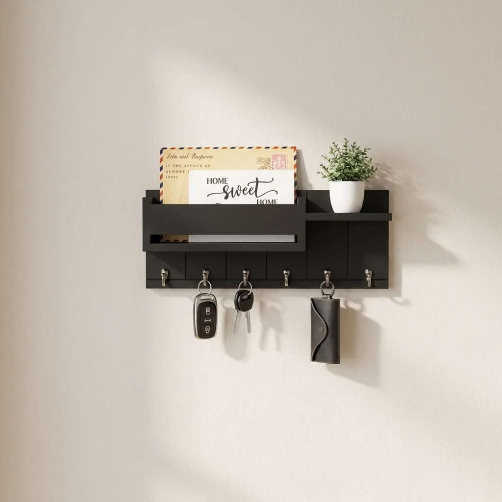 Black wall-mounted shelf with key hooks and a small plant on a beige wall.