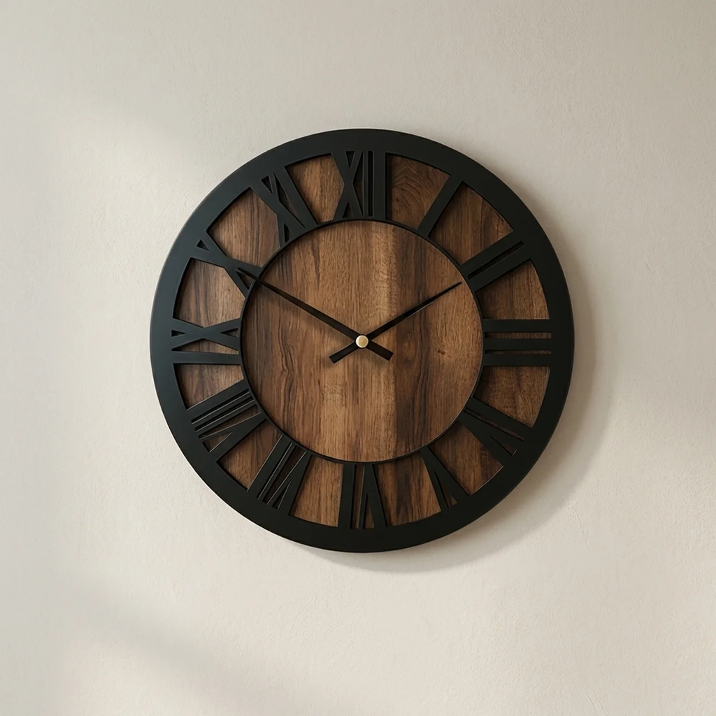Wall Clock Round Skeleton Design Silent Movement Wood Finish