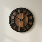 Wall Clock Round Skeleton Design Silent Movement Wood Finish
