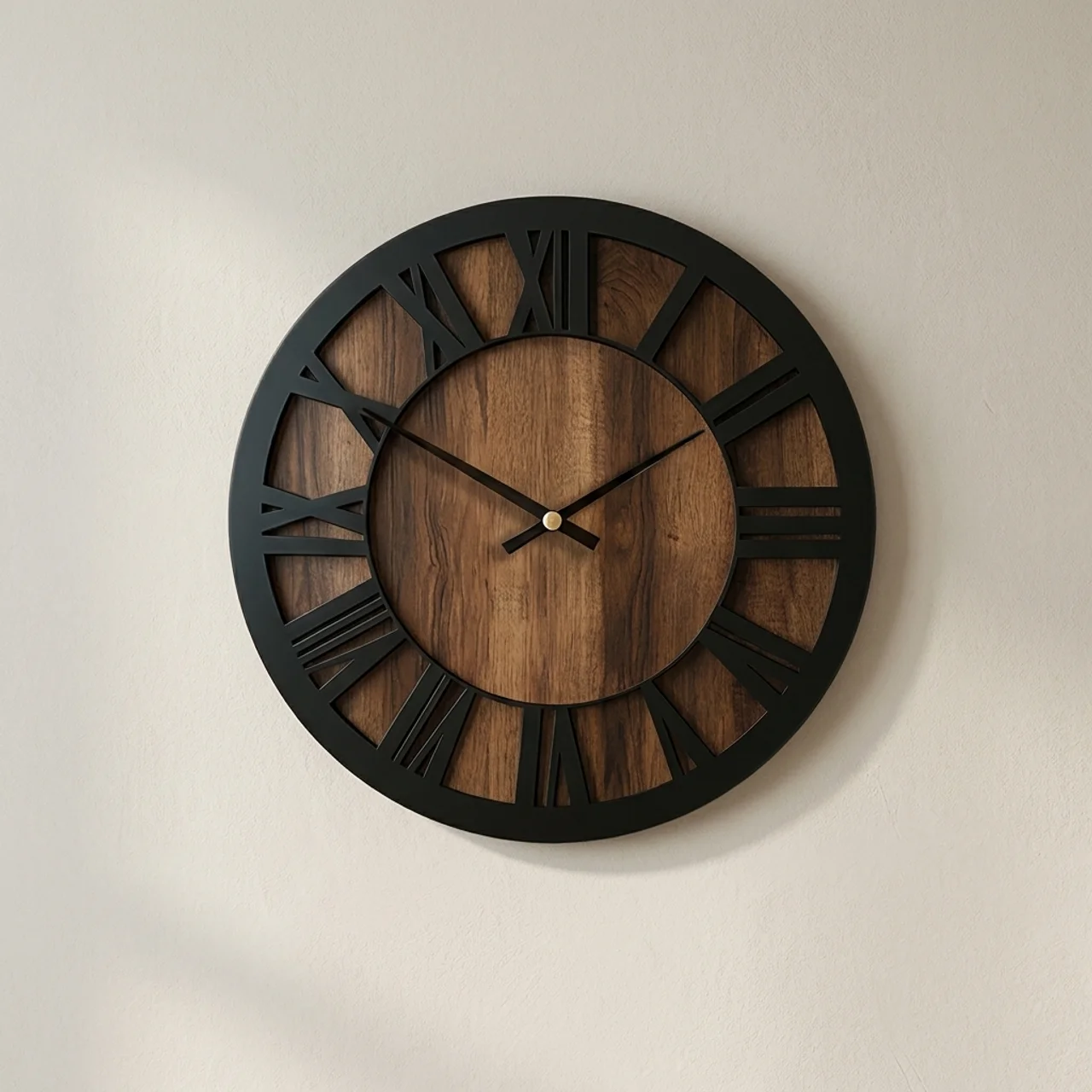 Wall Clock Round Skeleton Design Silent Movement Wood Finish