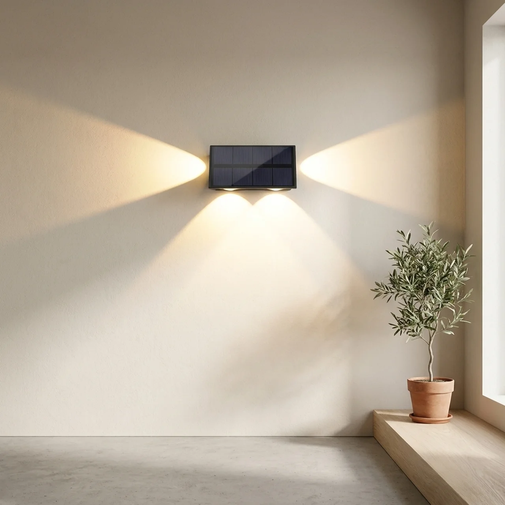 Modern wall-mounted solar light fixture on a neutral wall with a plant beside it.