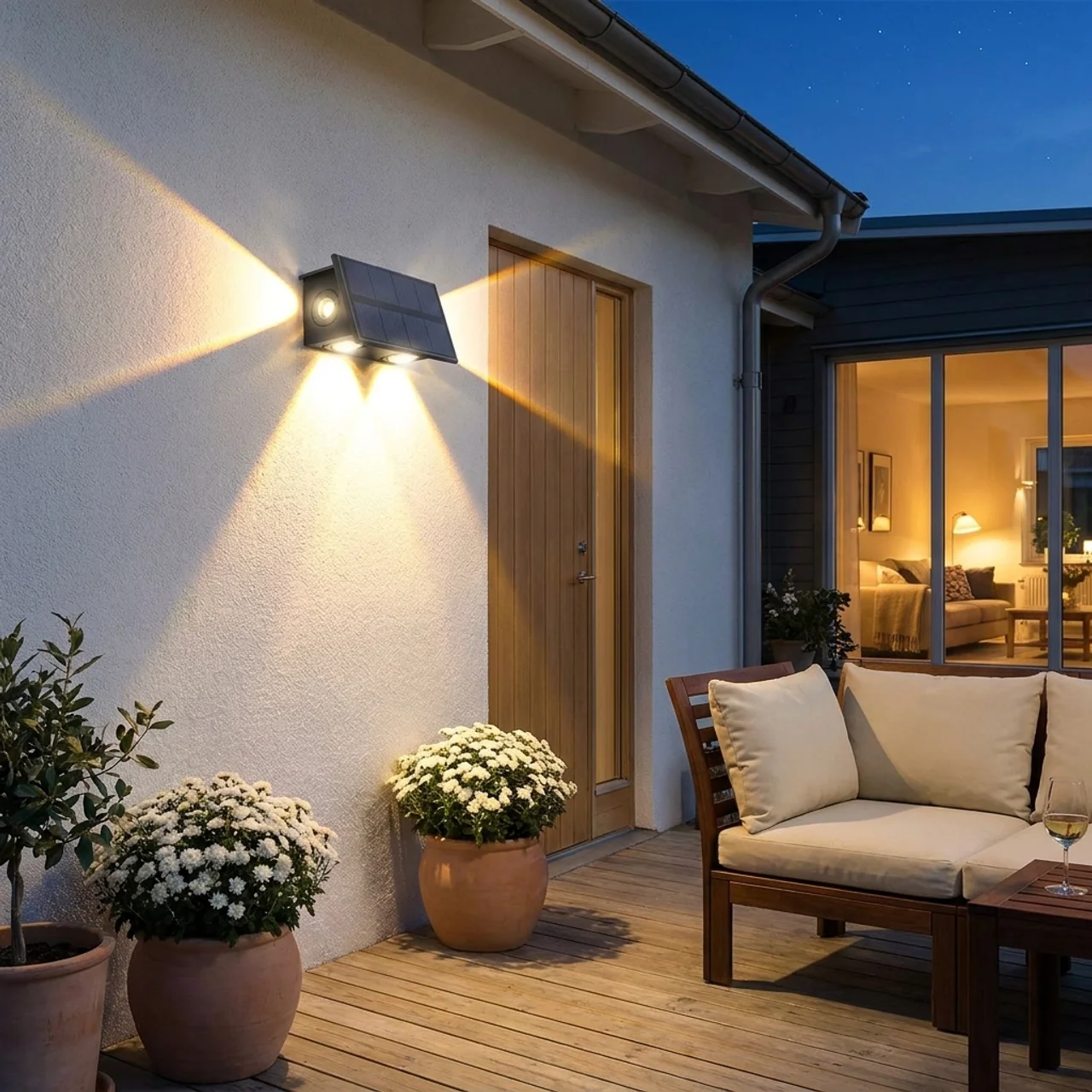 Outdoor patio area with a wall light fixture, potted plants, and a wooden bench.