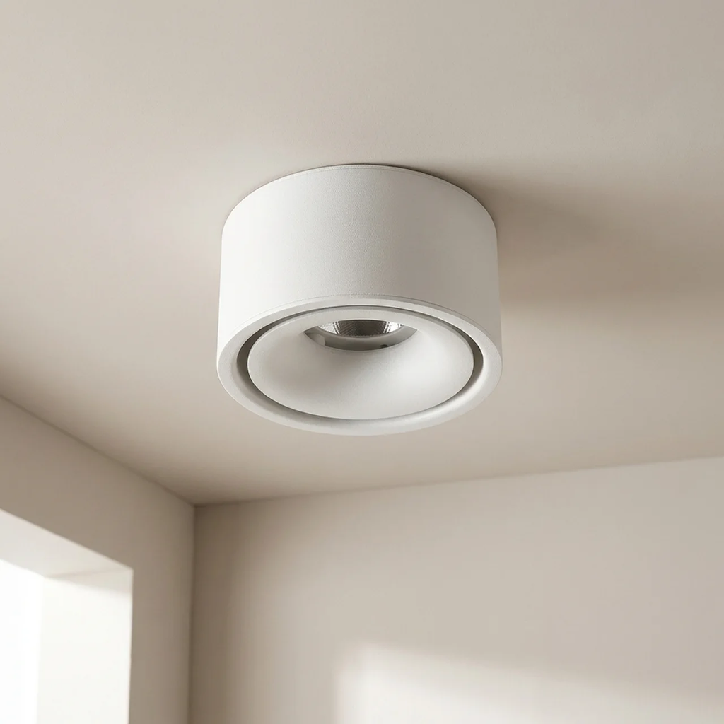 Ceiling light fixture in a neutral-colored room