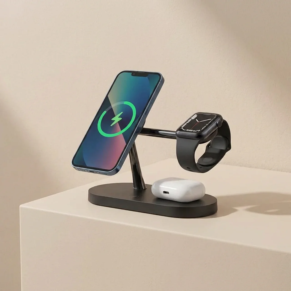 Multi-device wireless charging stand with smartphone, smartwatch, and wireless earbuds on a beige background