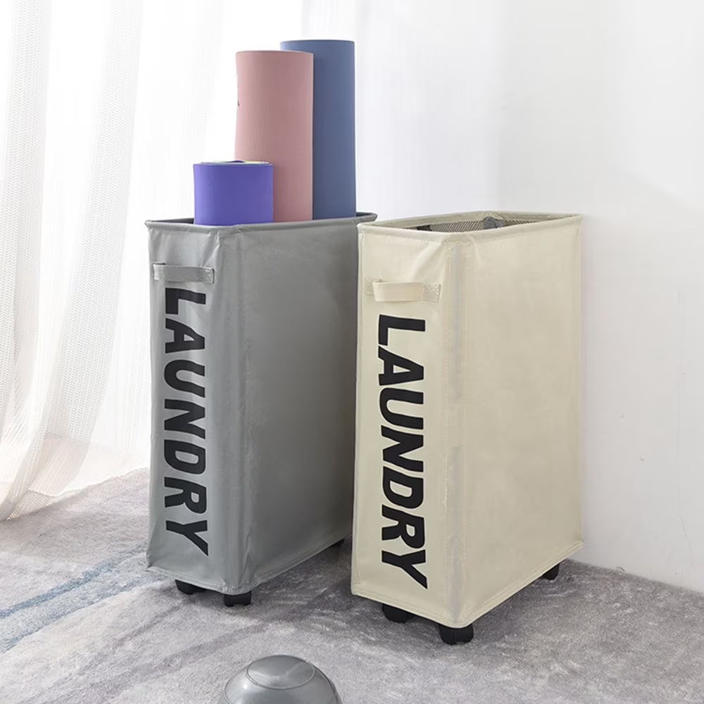 Two laundry baskets with colorful items inside on a carpeted floor.