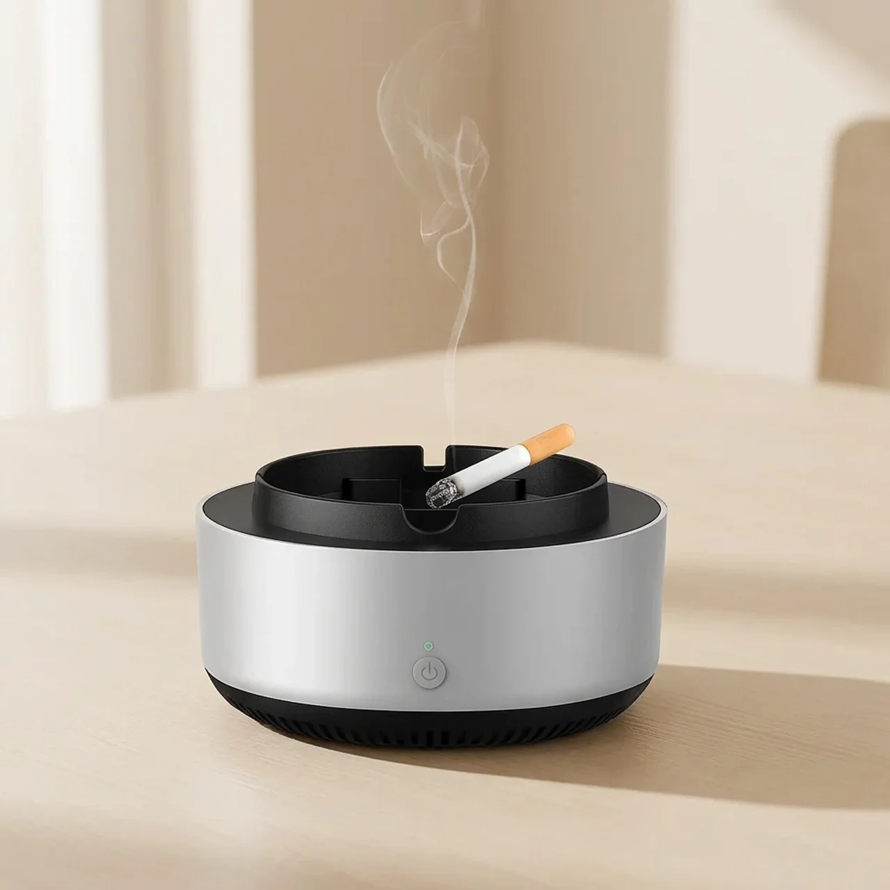 Modern ashtray with a smoking cigarette on a neutral background
