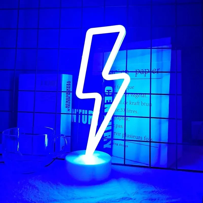 Neon lightning bolt light on a blue tiled wall background