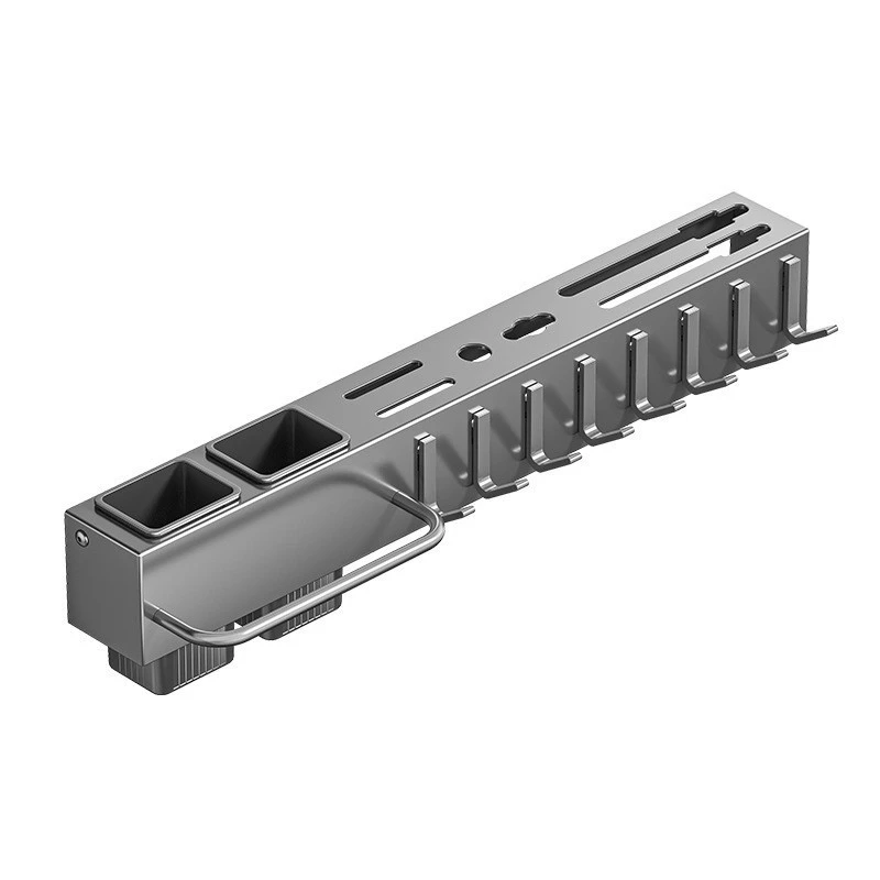 Metallic tool holder with multiple slots on a white background