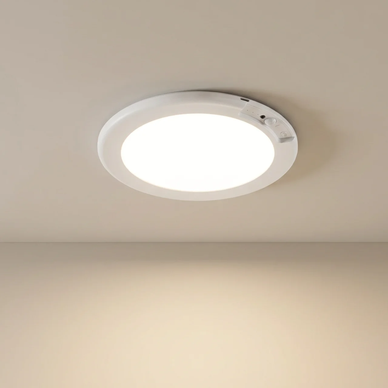 Round ceiling light fixture on a beige ceiling