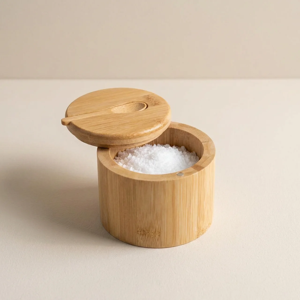 Wooden container with a lid filled with salt on a beige background