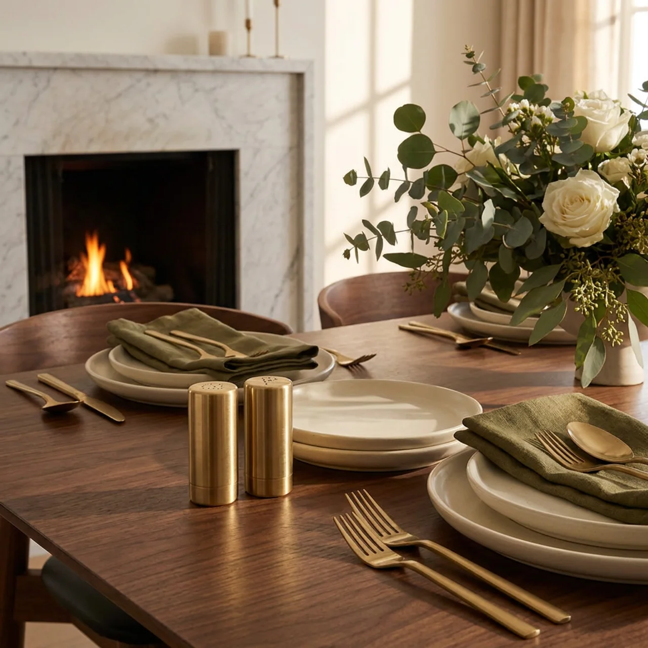 Dining table set with plates, silverware, and a floral arrangement in front of a fireplace.