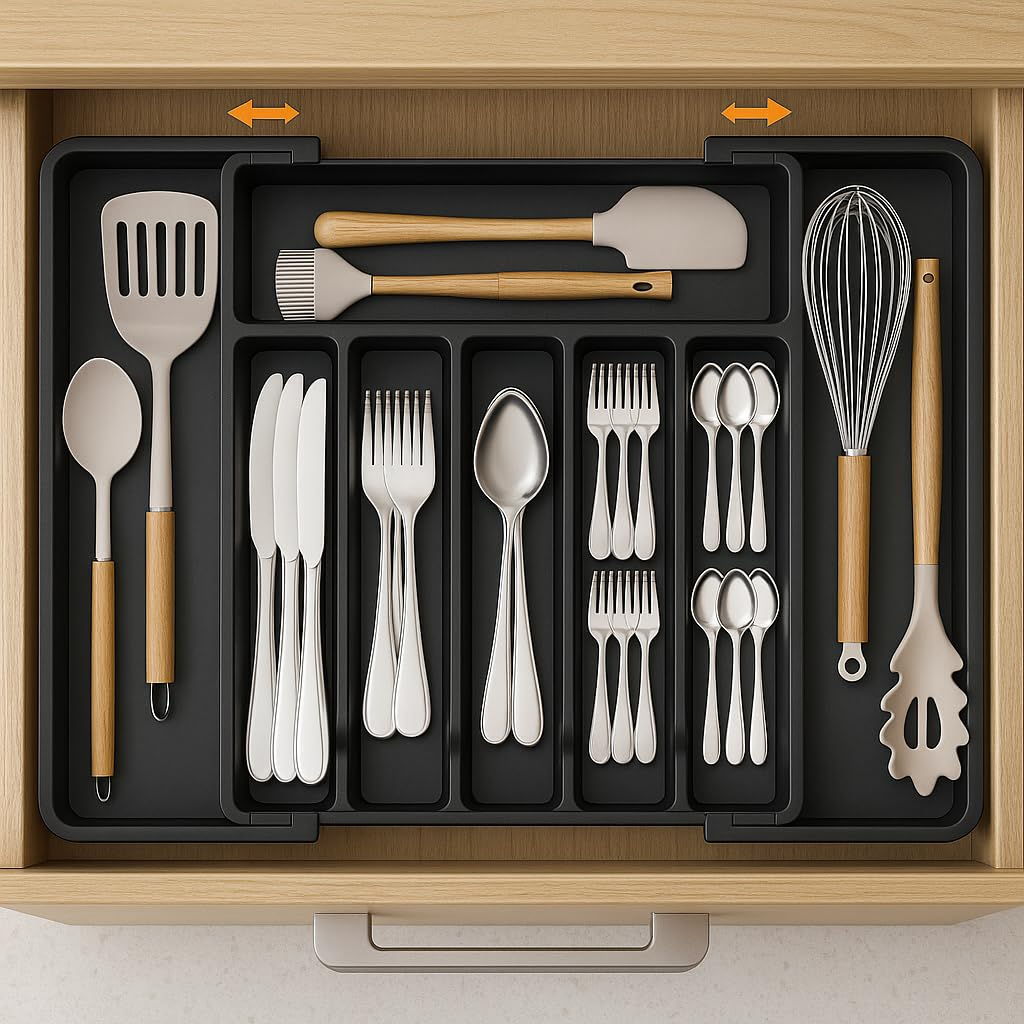 Set of kitchen utensils including spoons, forks, knives, and a whisk in a black organizer on a wooden surface.