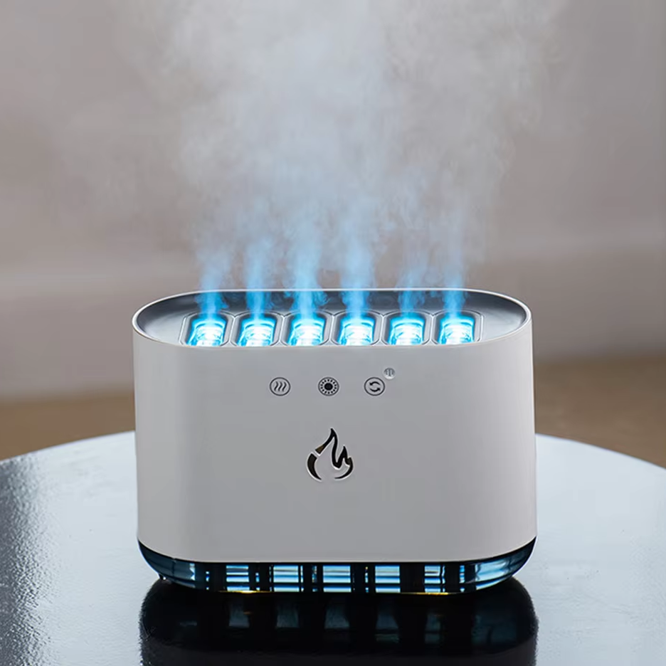 White electronic device with blue lights and steam on a reflective surface