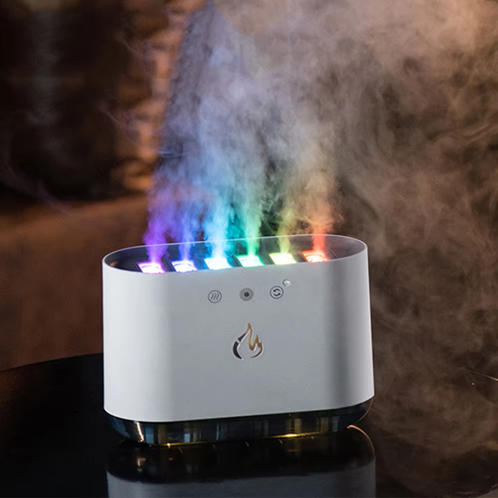White electronic device emitting colorful smoke against a blurred background