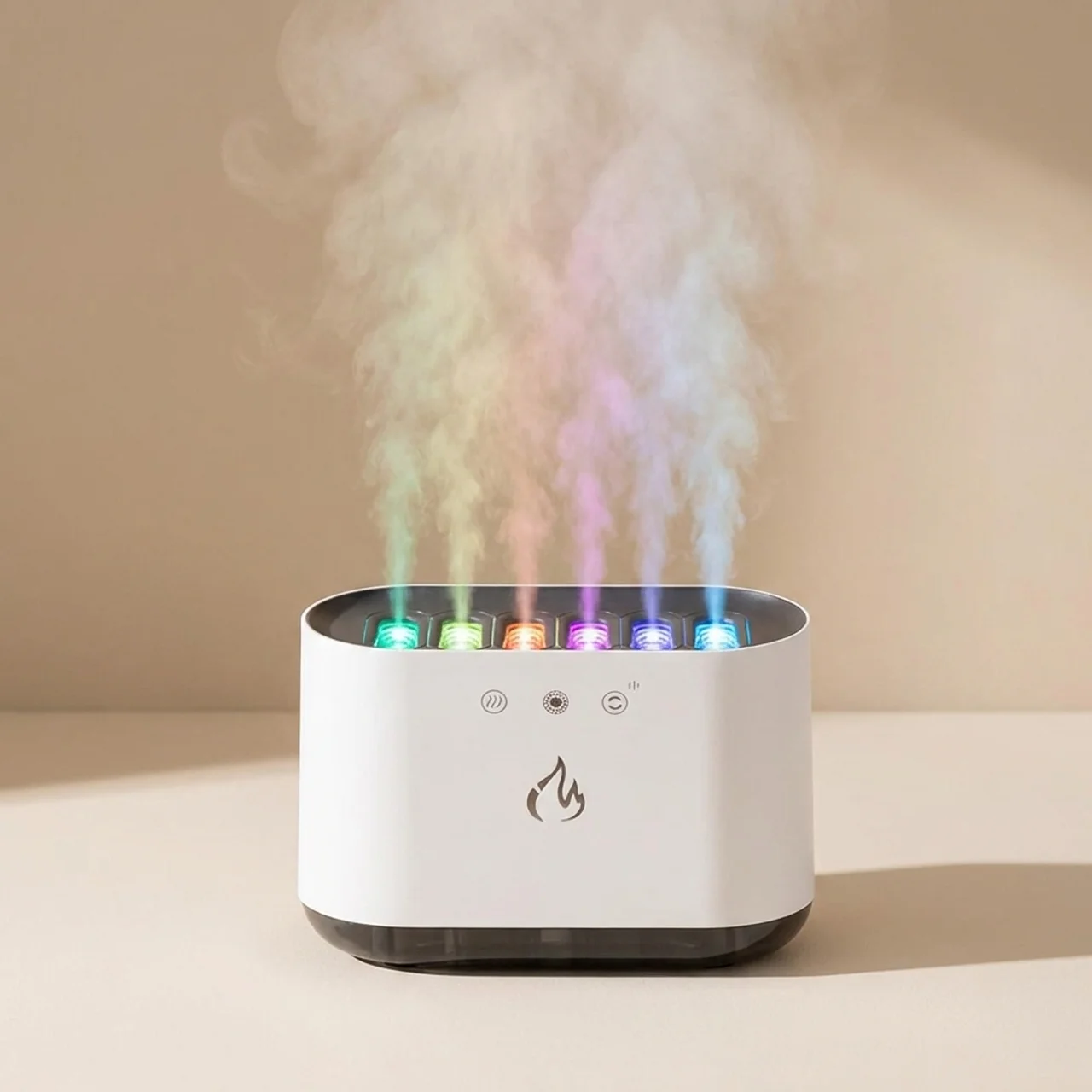 White electronic device with colorful lights and mist on a beige background