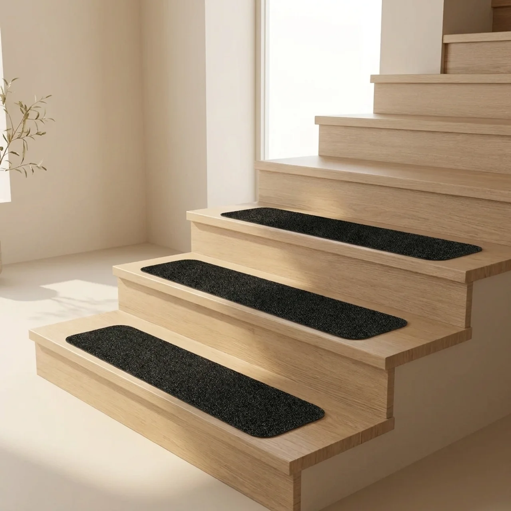 Staircase with black stair runners in a well-lit room