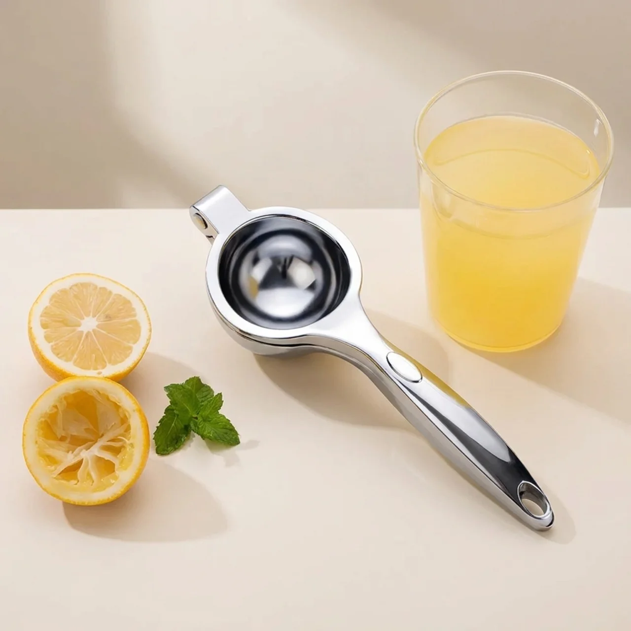 Lemon squeezer with lemons and a glass of juice on a light surface