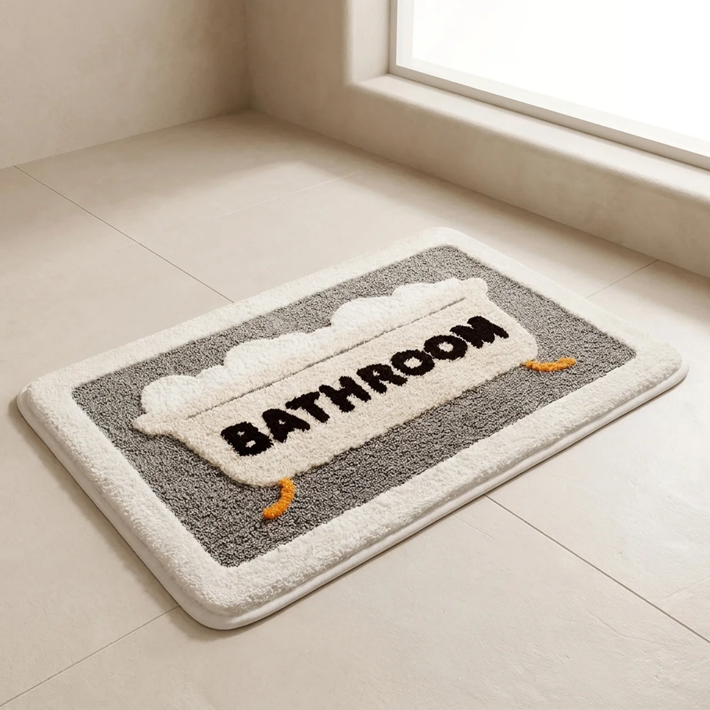 Gray bath mat with 'Bathroom' text on a tiled floor