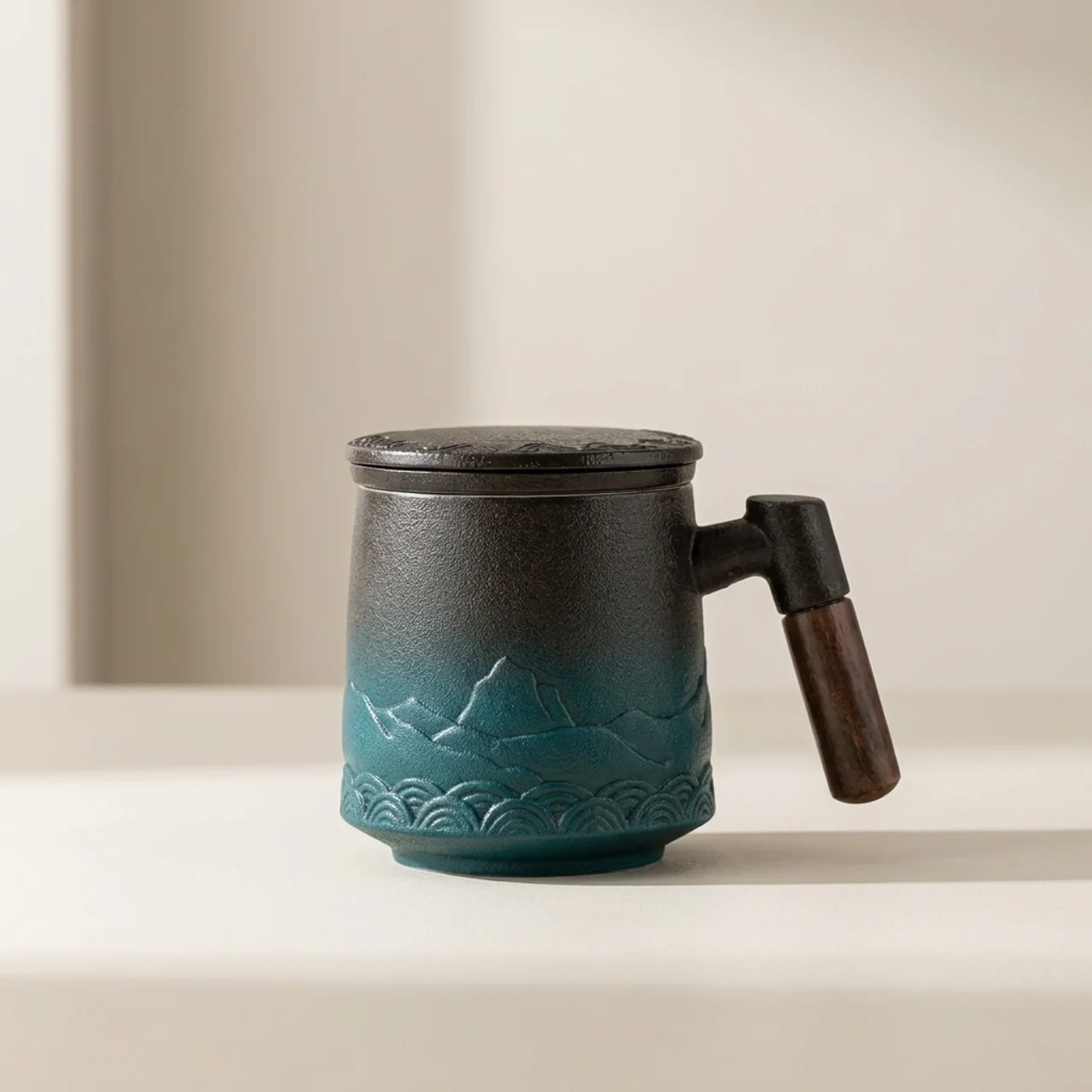 Teal ceramic mug with wooden handle on a light background