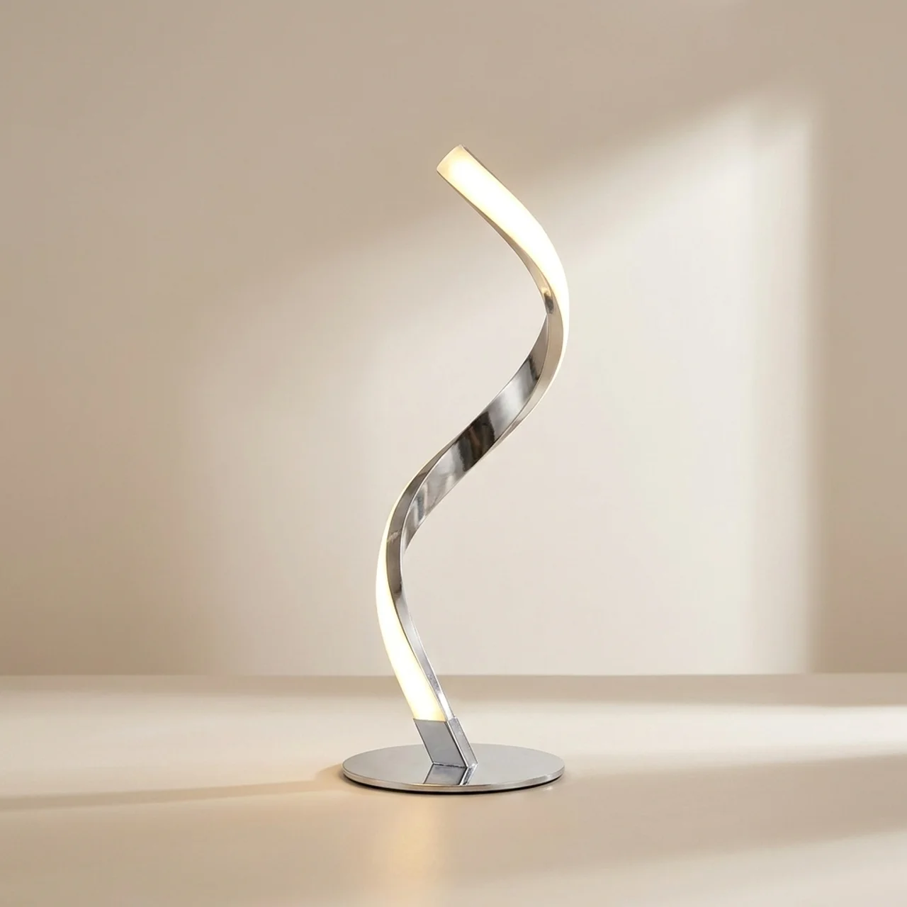 Modern floor lamp with a curved design on a neutral background