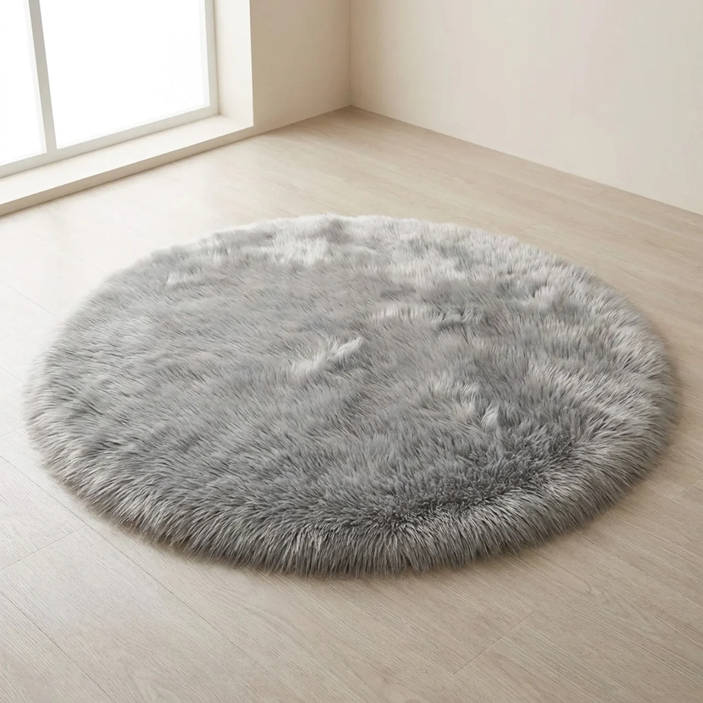 Round gray fluffy rug on a light wooden floor.