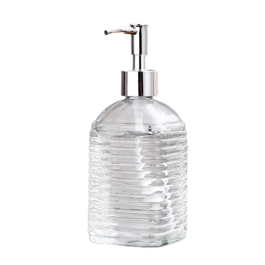 Clear glass soap dispenser with silver pump on a white background