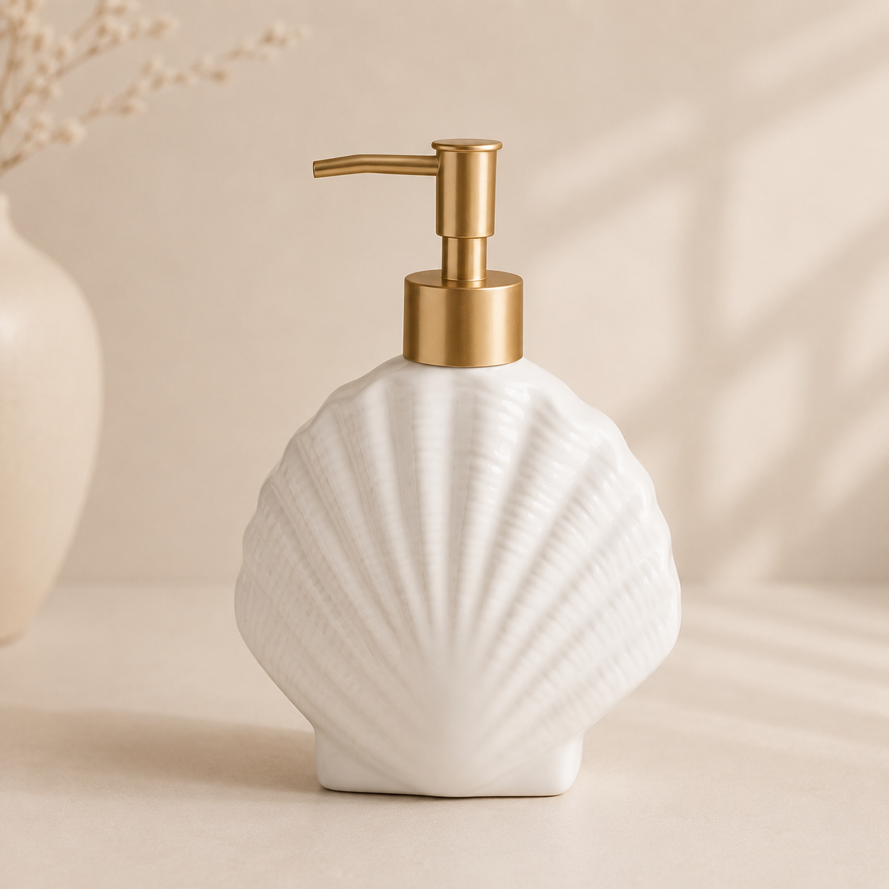 White ceramic soap dispenser with gold pump on a beige background