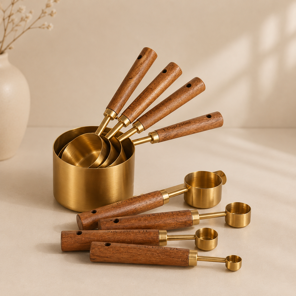 Set of brass measuring cups and spoons with wooden handles on a beige surface.