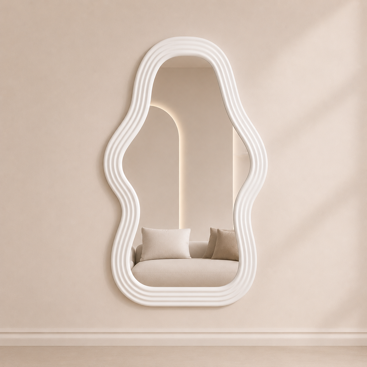 Wave-shaped mirror with wavy white frame on a beige wall