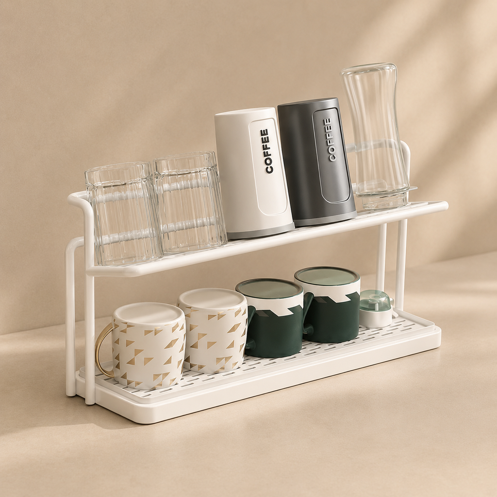 White metal shelf with mugs, glasses, and containers on a beige background