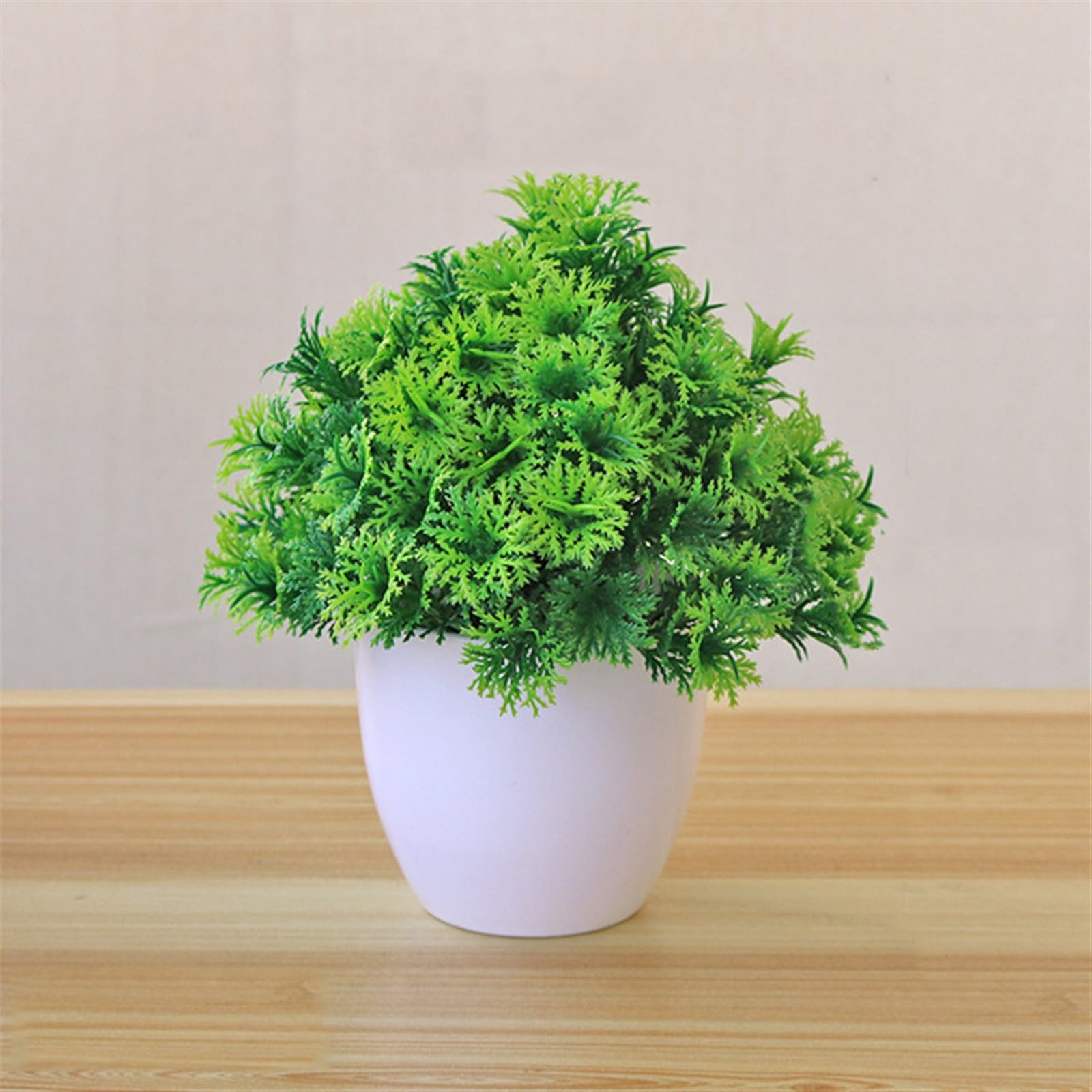 Potted green plant on a wooden surface with a beige background