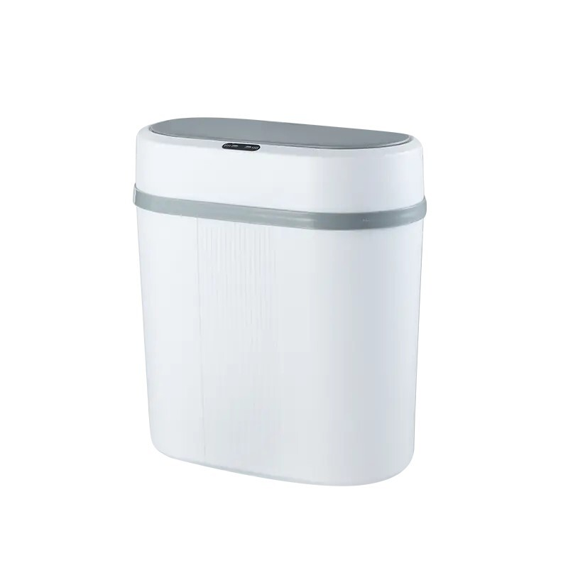 White trash bin with a gray lid on a white background