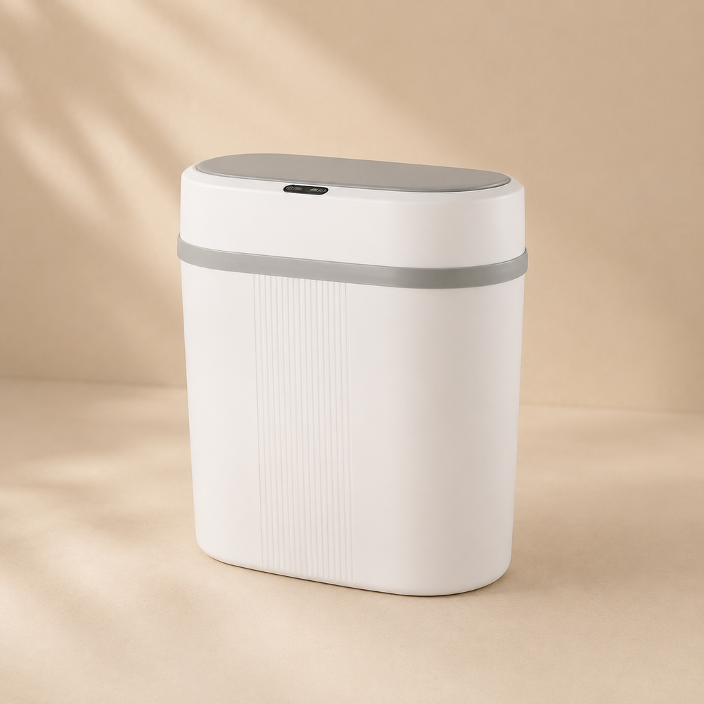 White trash bin with gray lid on a beige background