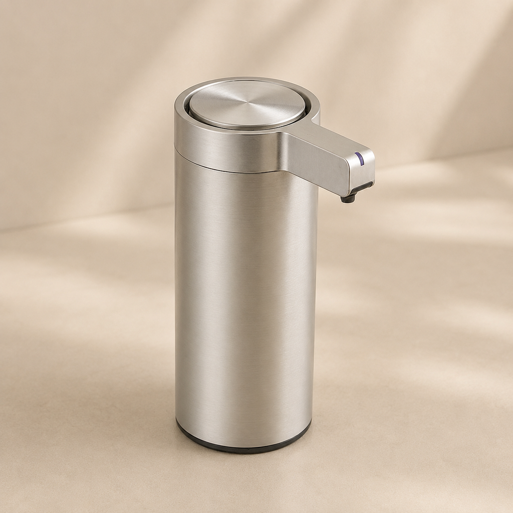 Stainless steel soap dispenser on a beige background