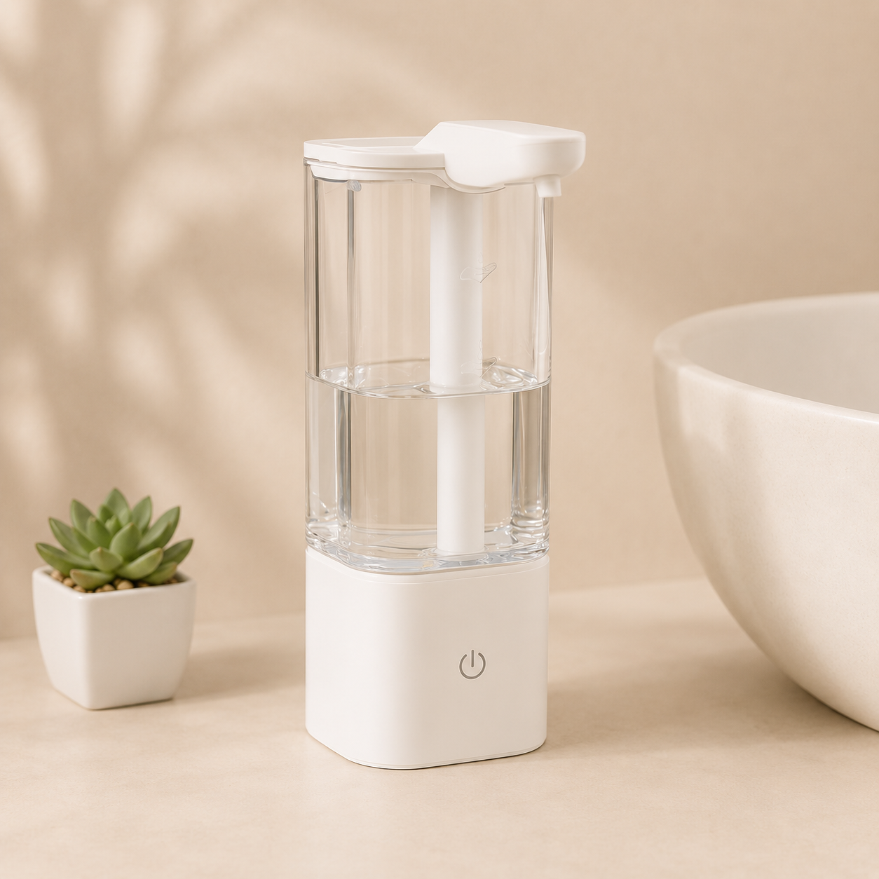 White and clear water bottle with power indicator on a beige background
