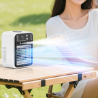 Portable air conditioner on a table with a blurred person in the background