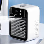 White mini air cooler with digital display on a light blue background