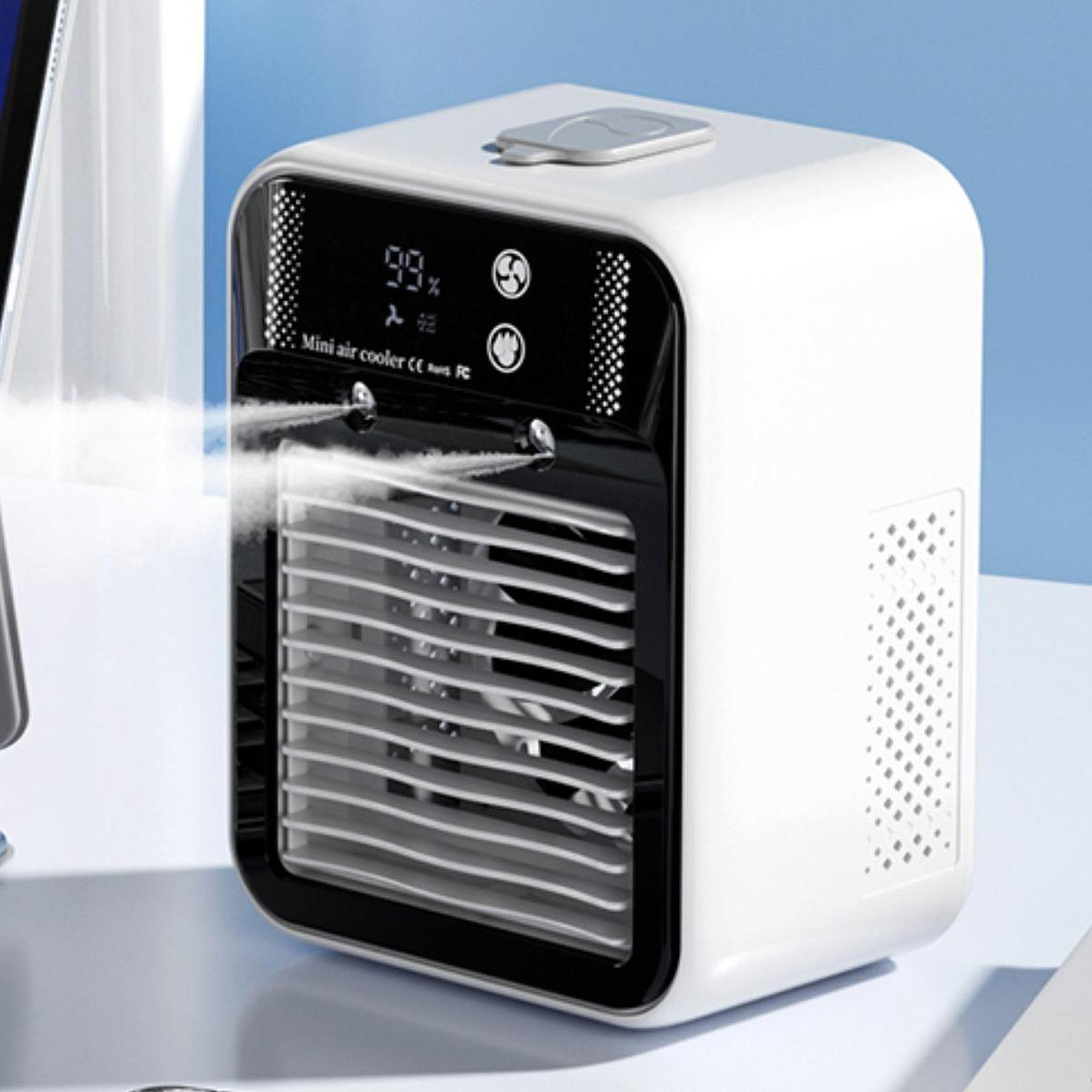 White mini air cooler with digital display on a light blue background