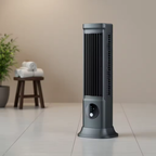 Gray tower fan on a tiled floor with a neutral background