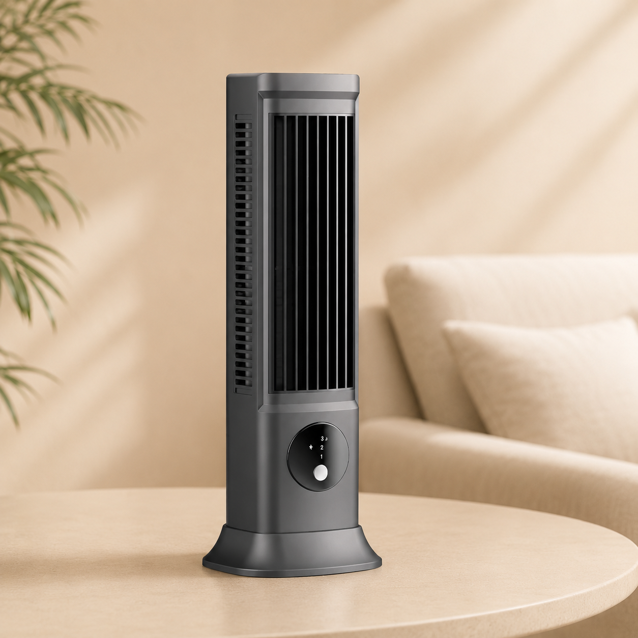 Gray tower fan on a beige surface with a blurred background