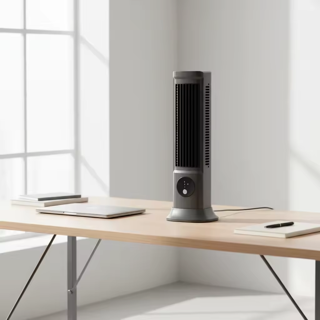 Portable air cooler on a wooden desk with a minimalistic background