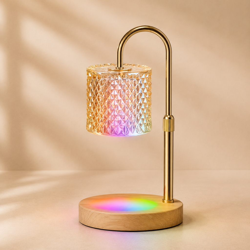 Decorative lamp with colorful light effects on a beige background