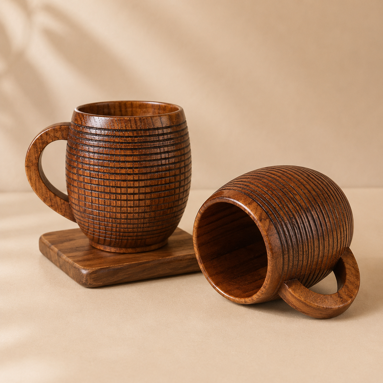 Two wooden mugs with textured design on a beige background